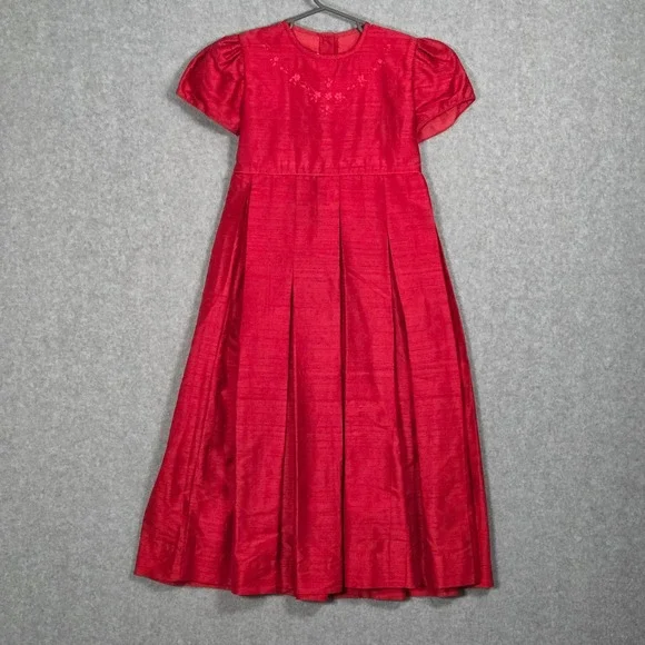 Strasburg Girl 7 Pure Silk Special Occasion Dress Red Embroidered Puff Sleeve - Picture 2 of 6